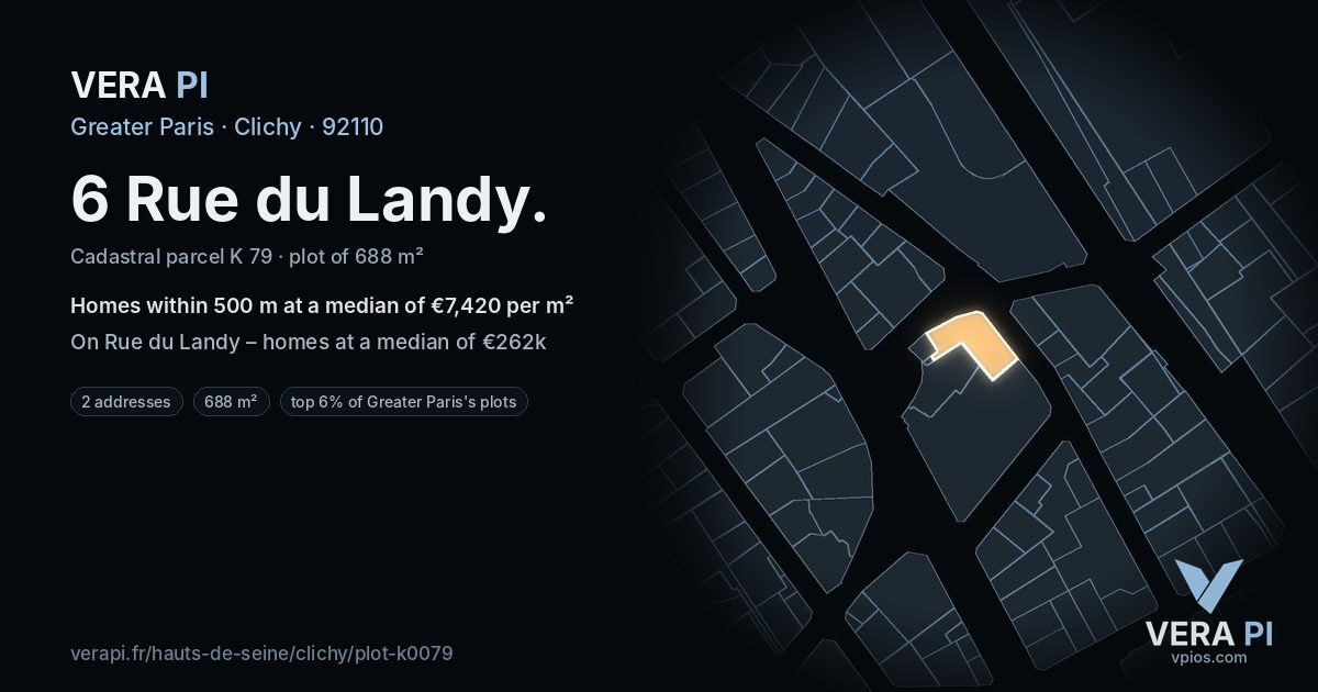 6 Rue du Landy, Clichy at night – the plot lit, the parcels around coloured by the prices near them
