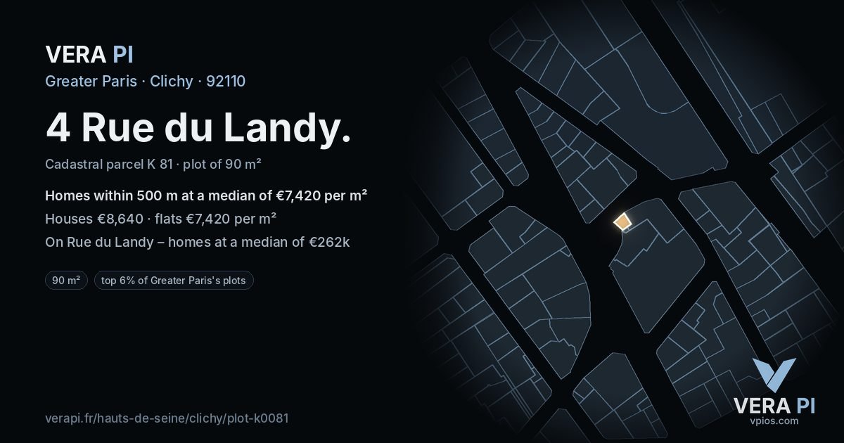 4 Rue du Landy, Clichy at night – the plot lit, the parcels around coloured by the prices near them