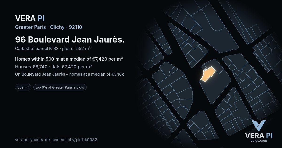 96 Boulevard Jean Jaurès, Clichy at night – the plot lit, the parcels around coloured by the prices near them