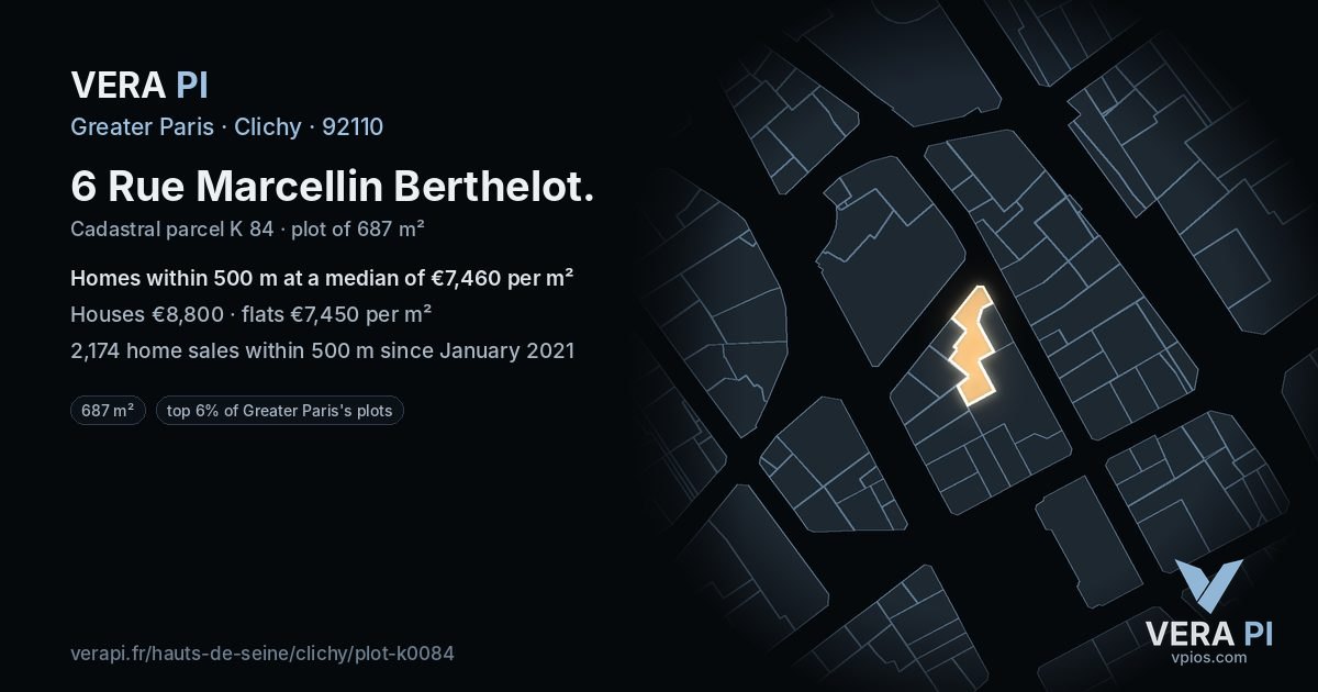 6 Rue Marcellin Berthelot, Clichy at night – the plot lit, the parcels around coloured by the prices near them