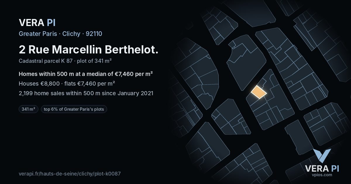 2 Rue Marcellin Berthelot, Clichy at night – the plot lit, the parcels around coloured by the prices near them