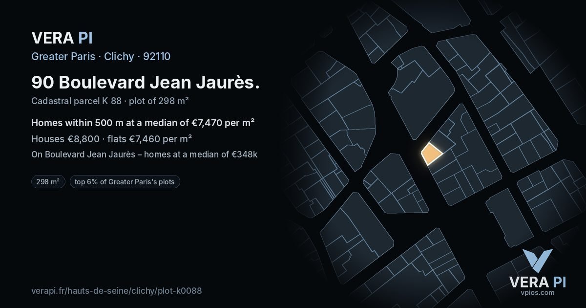 90 Boulevard Jean Jaurès, Clichy at night – the plot lit, the parcels around coloured by the prices near them