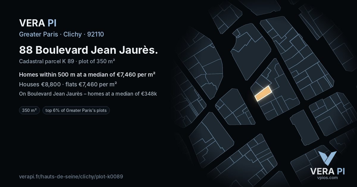 88 Boulevard Jean Jaurès, Clichy at night – the plot lit, the parcels around coloured by the prices near them