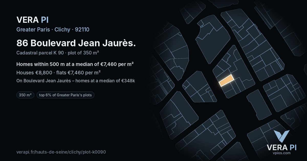 86 Boulevard Jean Jaurès, Clichy at night – the plot lit, the parcels around coloured by the prices near them