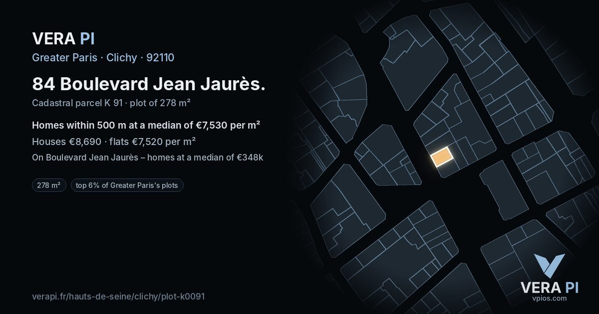 84 Boulevard Jean Jaurès, Clichy at night – the plot lit, the parcels around coloured by the prices near them