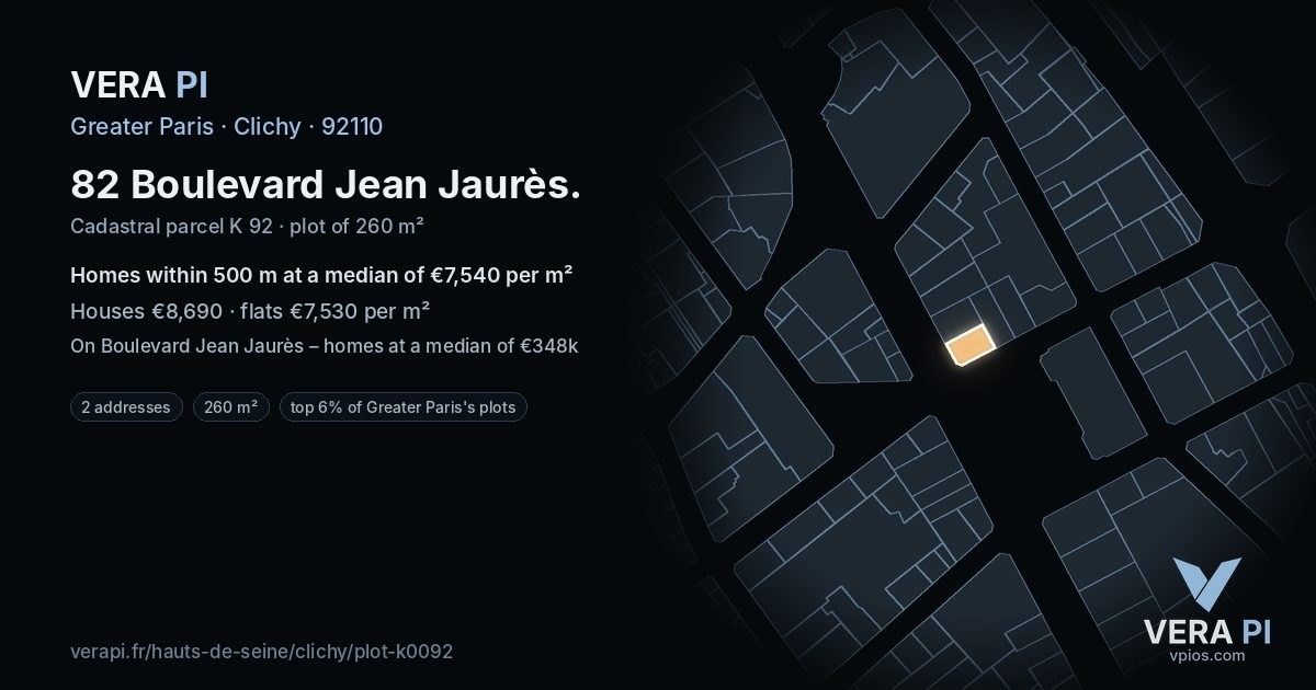 82 Boulevard Jean Jaurès, Clichy at night – the plot lit, the parcels around coloured by the prices near them