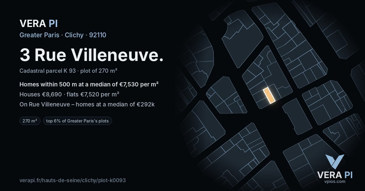3 Rue Villeneuve, Clichy at night – the plot lit, the parcels around coloured by the prices near them