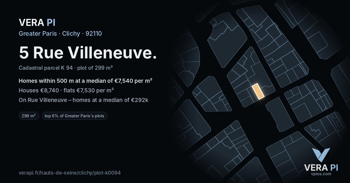 5 Rue Villeneuve, Clichy at night – the plot lit, the parcels around coloured by the prices near them