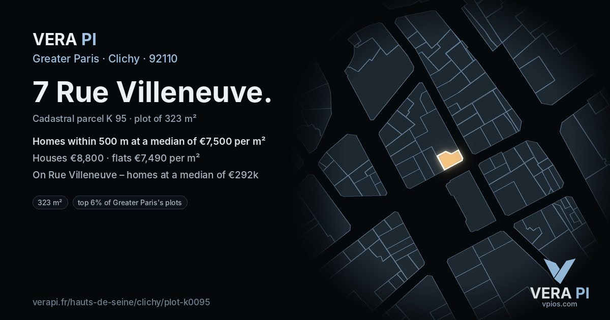 7 Rue Villeneuve, Clichy at night – the plot lit, the parcels around coloured by the prices near them