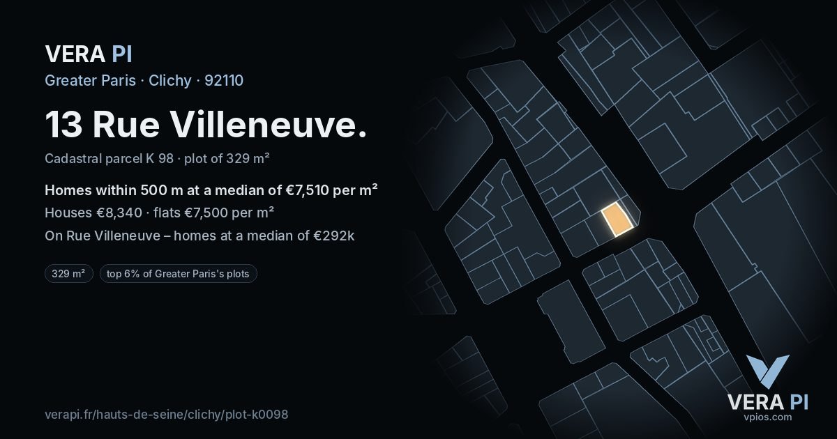 13 Rue Villeneuve, Clichy at night – the plot lit, the parcels around coloured by the prices near them