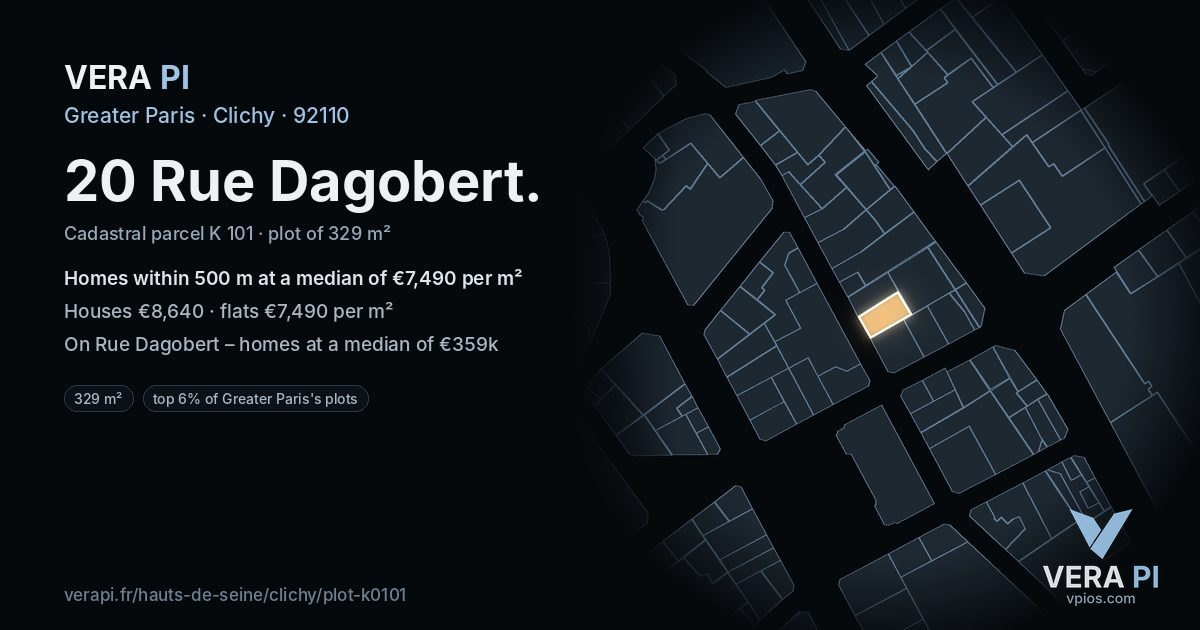 20 Rue Dagobert, Clichy at night – the plot lit, the parcels around coloured by the prices near them