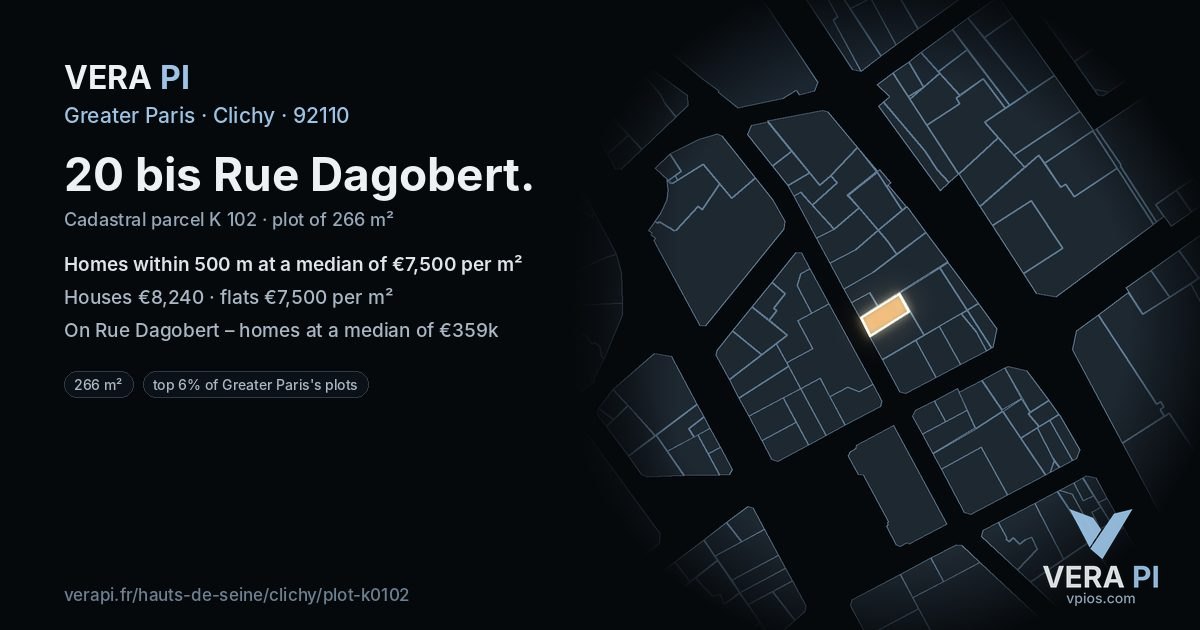 20 bis Rue Dagobert, Clichy at night – the plot lit, the parcels around coloured by the prices near them