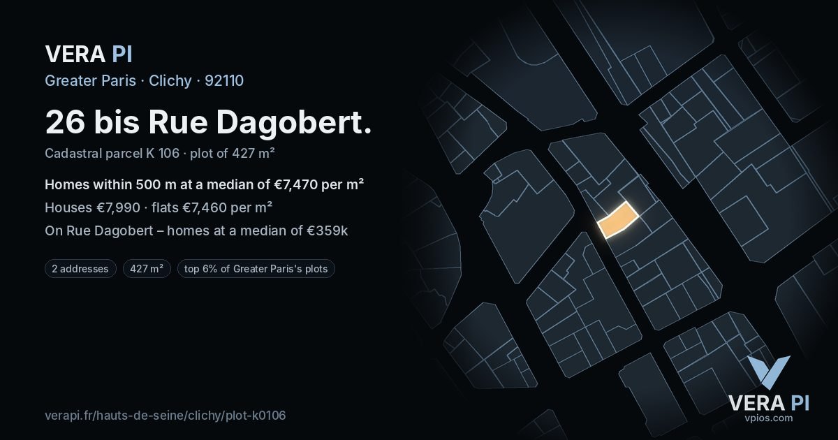 26 bis Rue Dagobert, Clichy at night – the plot lit, the parcels around coloured by the prices near them