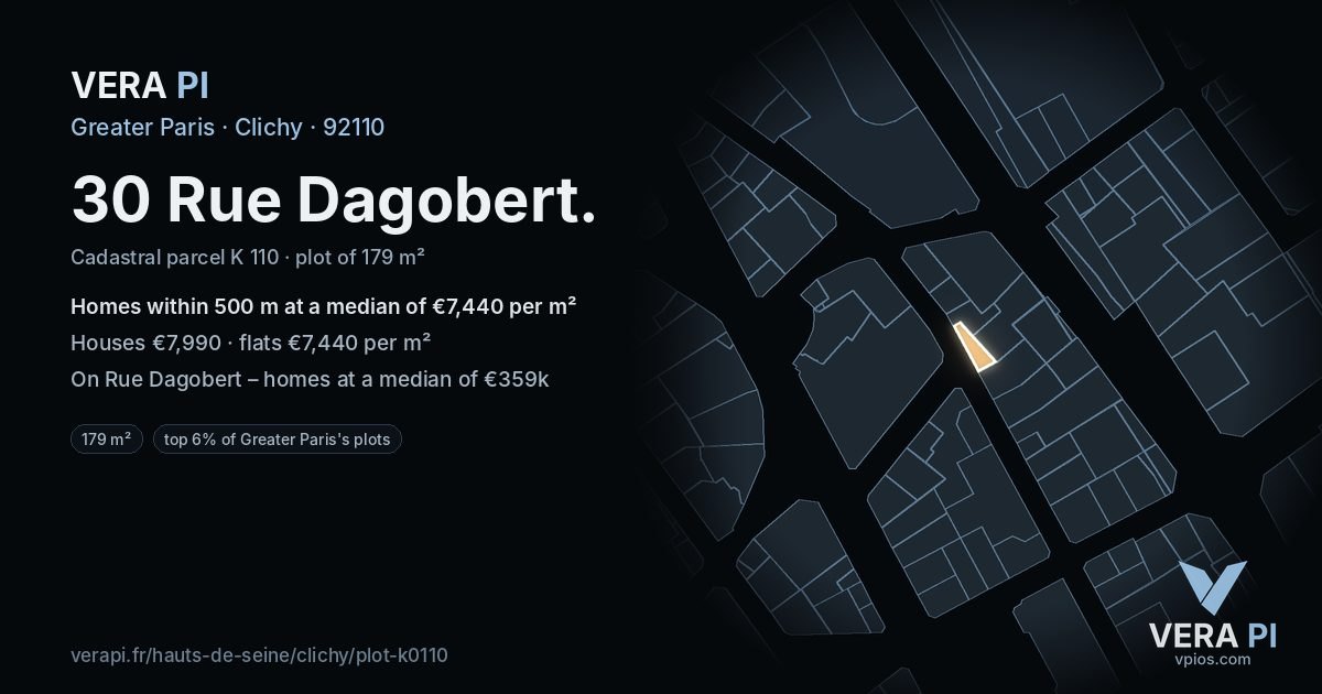 30 Rue Dagobert, Clichy at night – the plot lit, the parcels around coloured by the prices near them