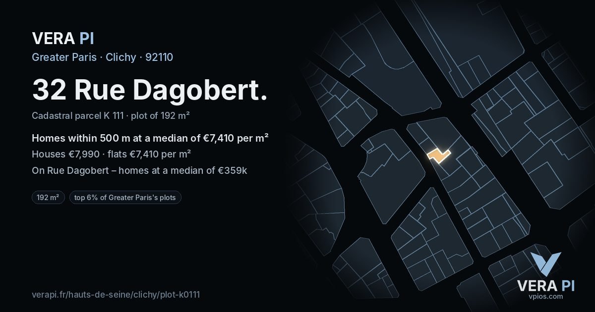 32 Rue Dagobert, Clichy at night – the plot lit, the parcels around coloured by the prices near them
