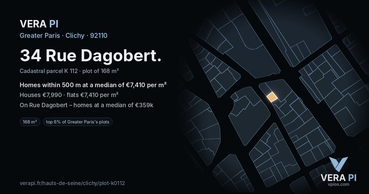 34 Rue Dagobert, Clichy at night – the plot lit, the parcels around coloured by the prices near them