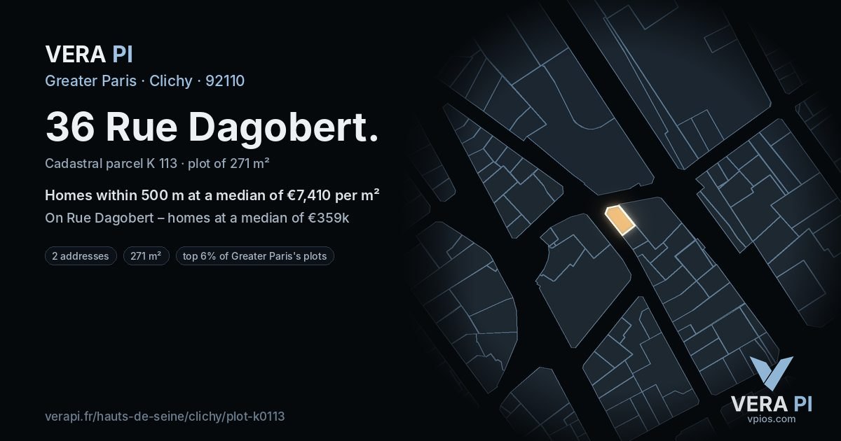 36 Rue Dagobert, Clichy at night – the plot lit, the parcels around coloured by the prices near them