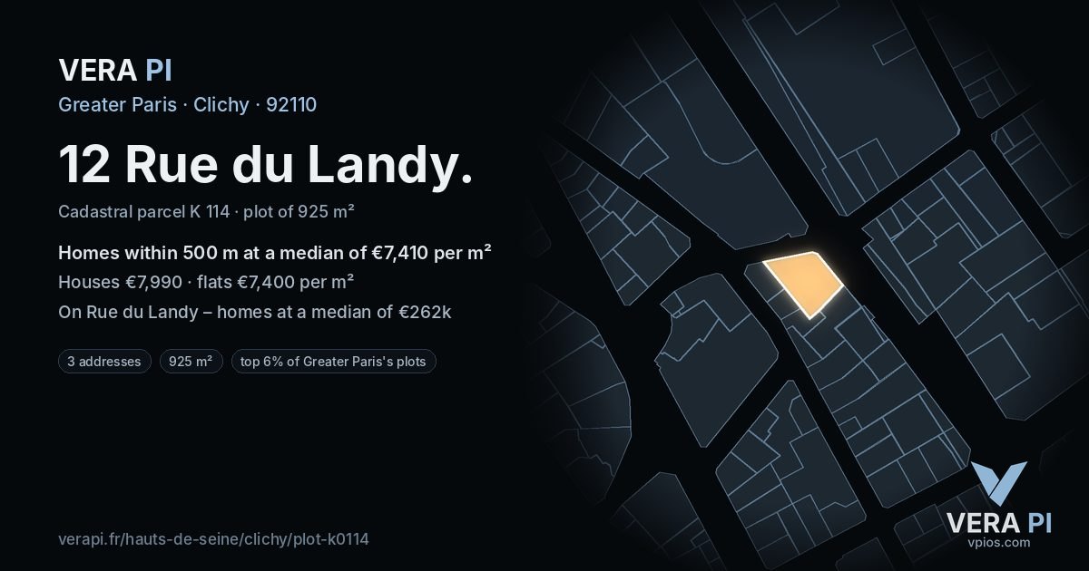 12 Rue du Landy, Clichy at night – the plot lit, the parcels around coloured by the prices near them