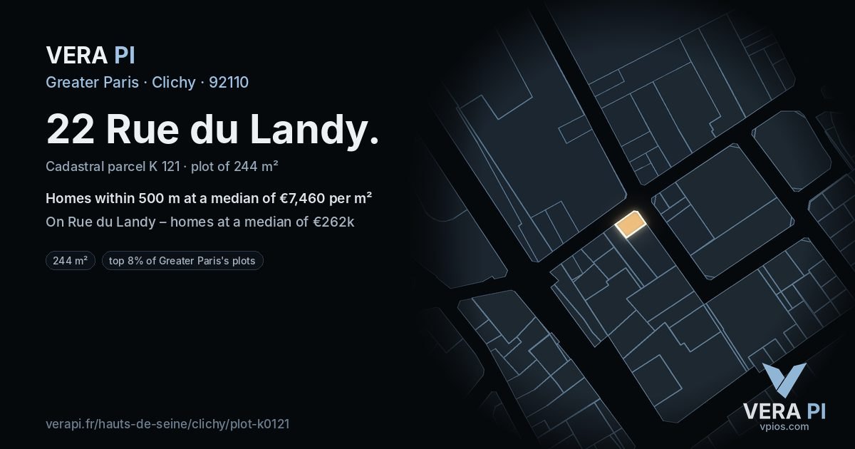 22 Rue du Landy, Clichy at night – the plot lit, the parcels around coloured by the prices near them