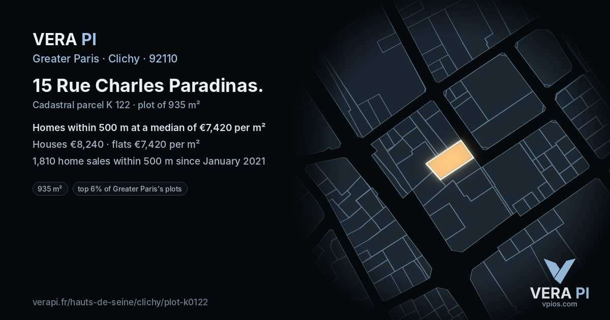 15 Rue Charles Paradinas, Clichy at night – the plot lit, the parcels around coloured by the prices near them