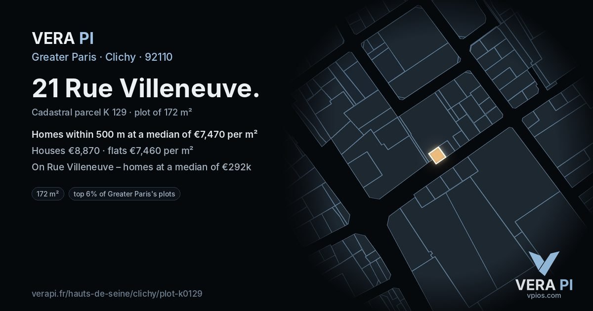 21 Rue Villeneuve, Clichy at night – the plot lit, the parcels around coloured by the prices near them