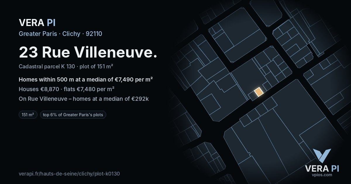 23 Rue Villeneuve, Clichy at night – the plot lit, the parcels around coloured by the prices near them