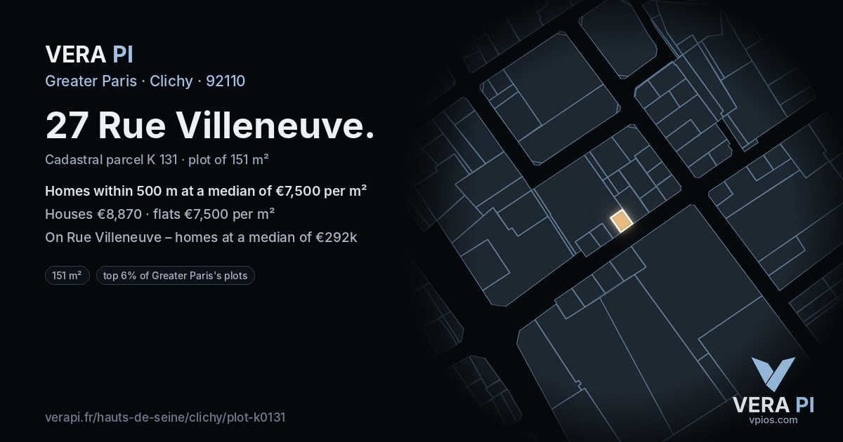 27 Rue Villeneuve, Clichy at night – the plot lit, the parcels around coloured by the prices near them
