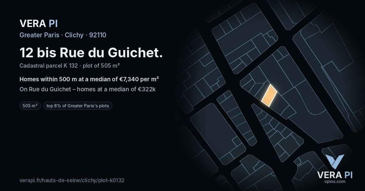 12 bis Rue du Guichet, Clichy at night – the plot lit, the parcels around coloured by the prices near them