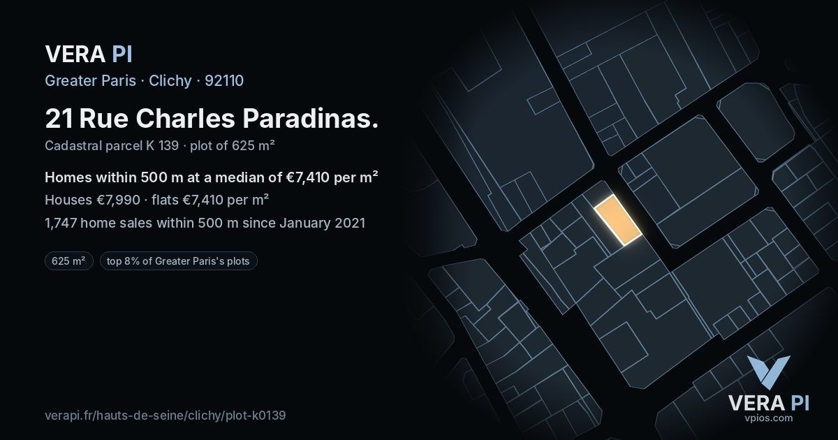 21 Rue Charles Paradinas, Clichy at night – the plot lit, the parcels around coloured by the prices near them