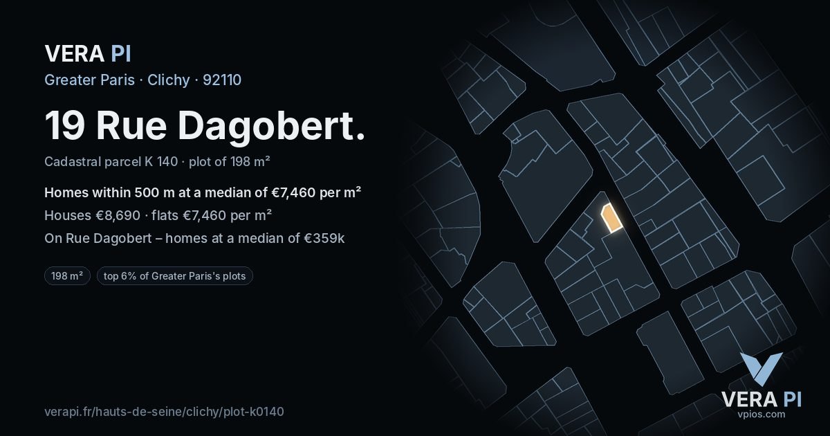19 Rue Dagobert, Clichy at night – the plot lit, the parcels around coloured by the prices near them