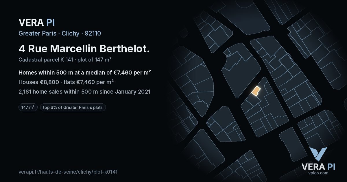 4 Rue Marcellin Berthelot, Clichy at night – the plot lit, the parcels around coloured by the prices near them