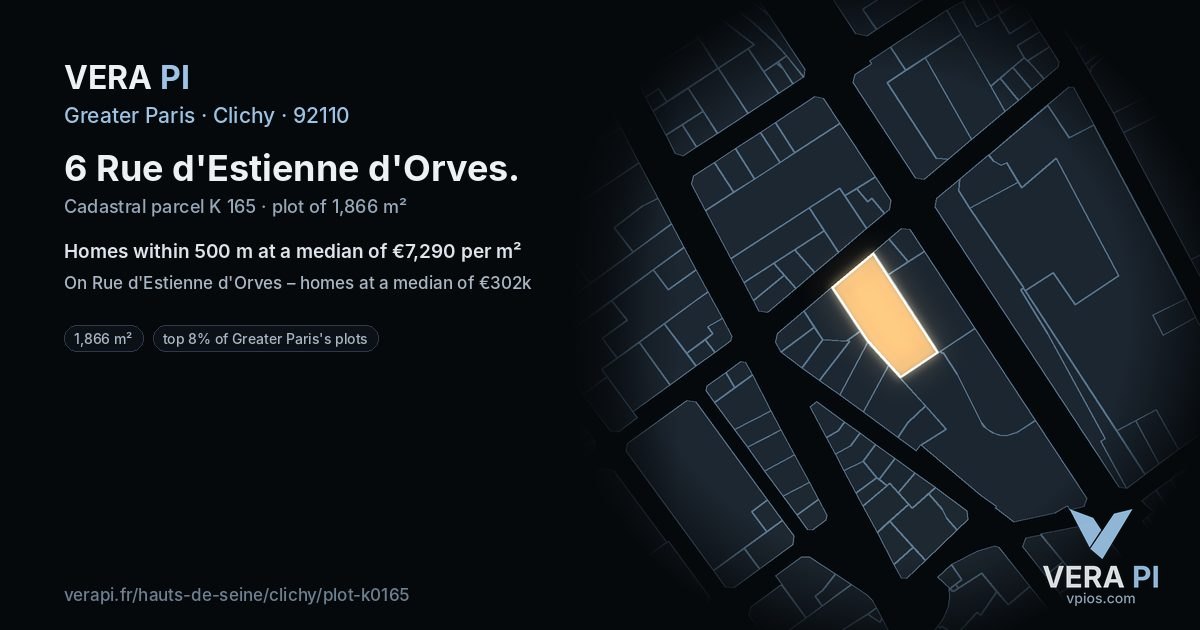 6 Rue d'Estienne d'Orves, Clichy at night – the plot lit, the parcels around coloured by the prices near them