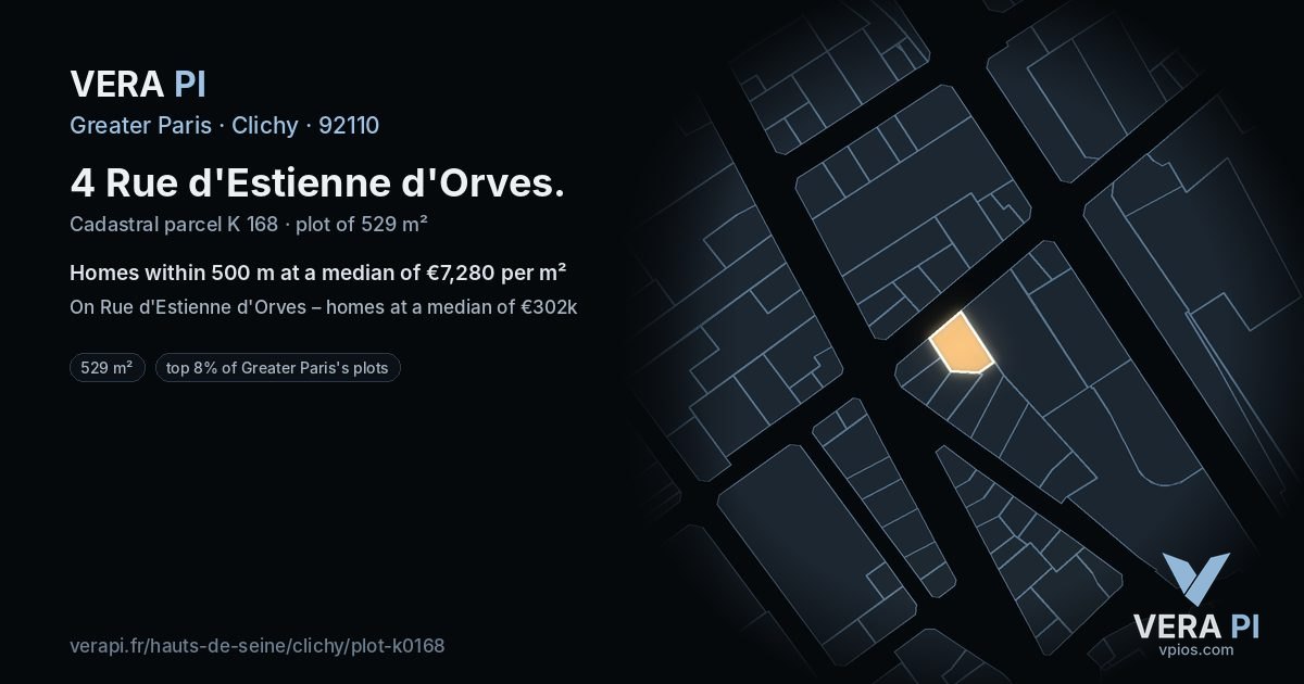 4 Rue d'Estienne d'Orves, Clichy at night – the plot lit, the parcels around coloured by the prices near them