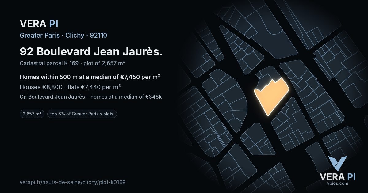 92 Boulevard Jean Jaurès, Clichy at night – the plot lit, the parcels around coloured by the prices near them