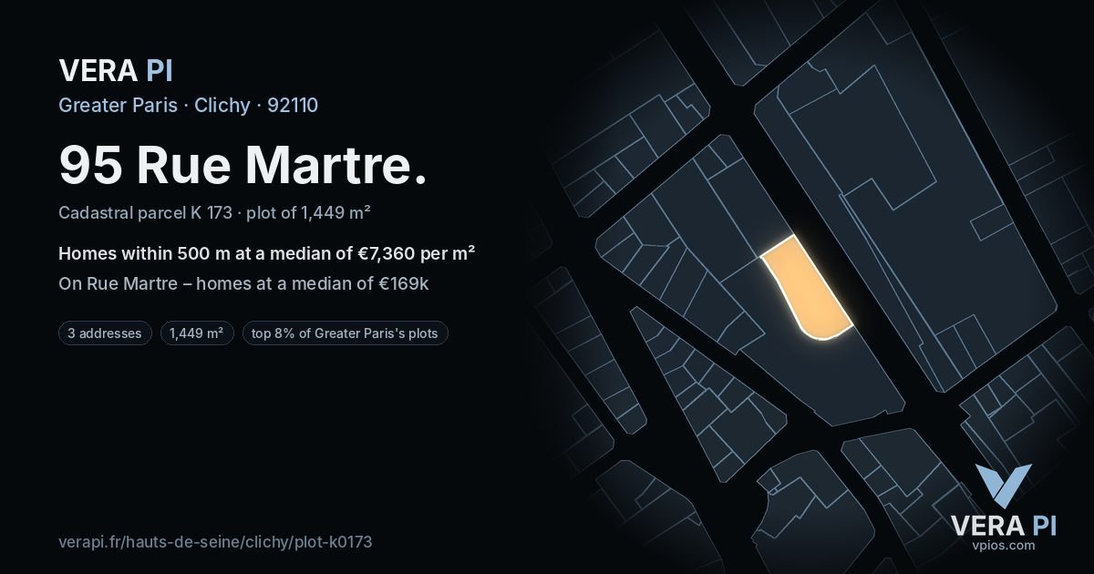 95 Rue Martre, Clichy at night – the plot lit, the parcels around coloured by the prices near them