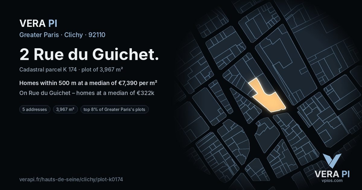 2 Rue du Guichet, Clichy at night – the plot lit, the parcels around coloured by the prices near them