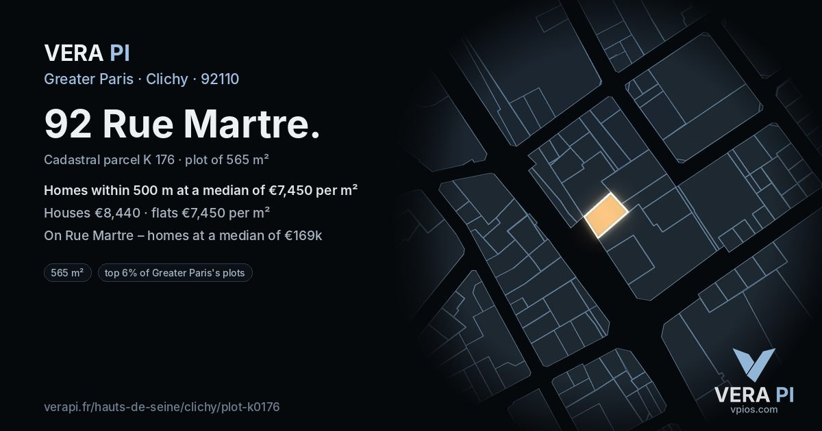 92 Rue Martre, Clichy at night – the plot lit, the parcels around coloured by the prices near them