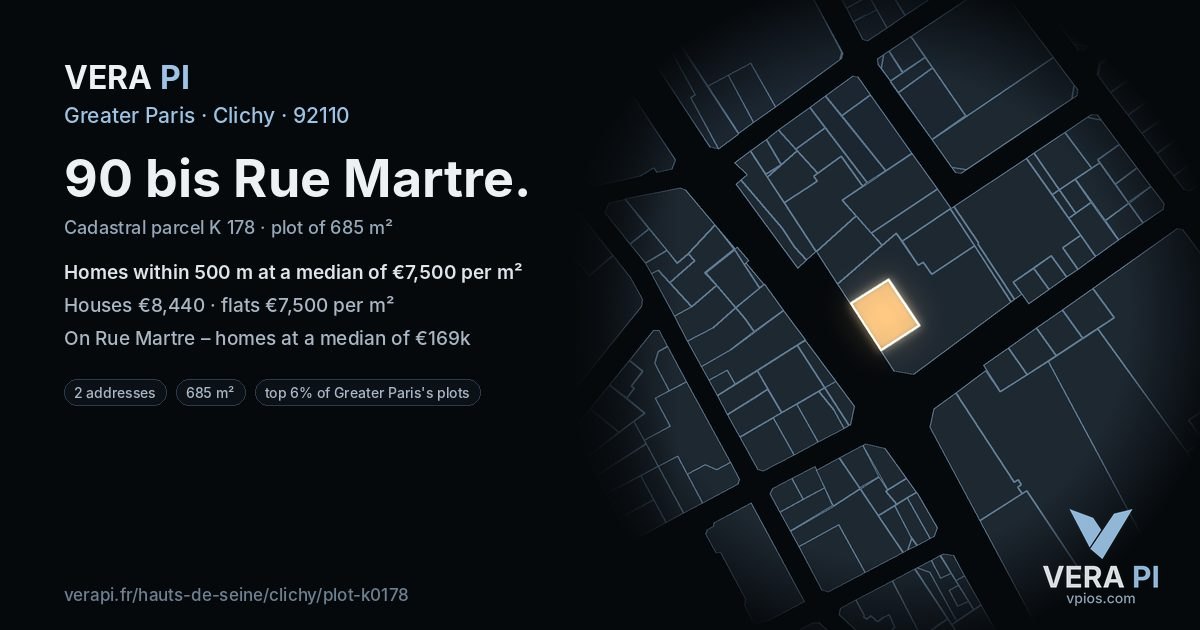 90 bis Rue Martre, Clichy at night – the plot lit, the parcels around coloured by the prices near them