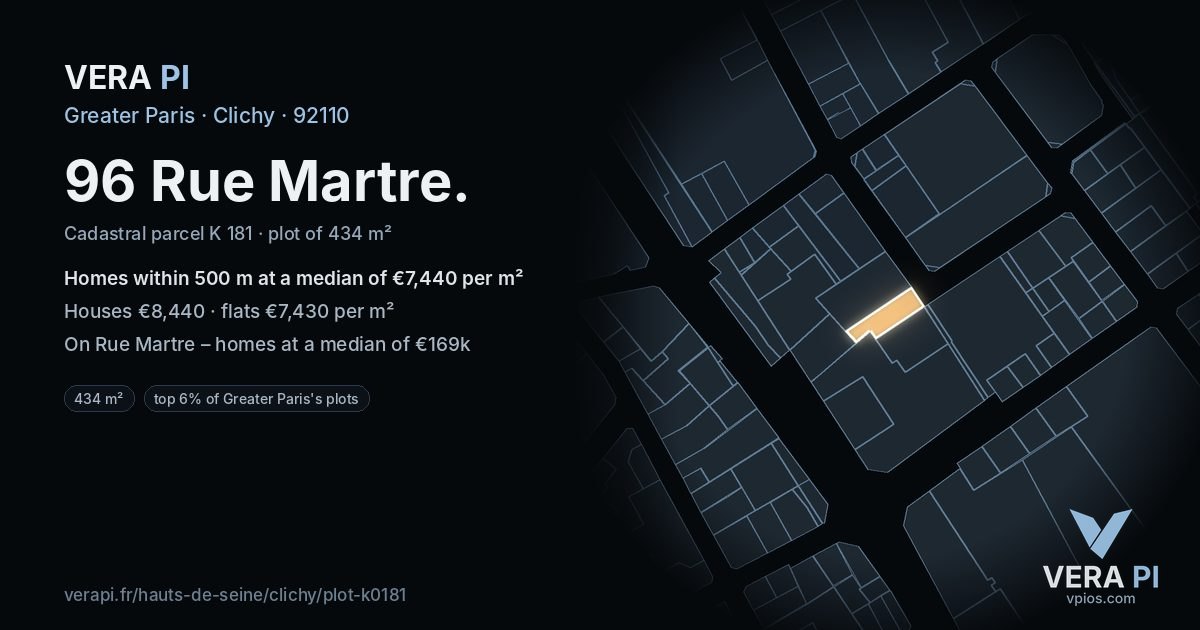 96 Rue Martre, Clichy at night – the plot lit, the parcels around coloured by the prices near them