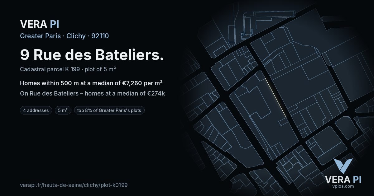 9 Rue des Bateliers, Clichy at night – the plot lit, the parcels around coloured by the prices near them