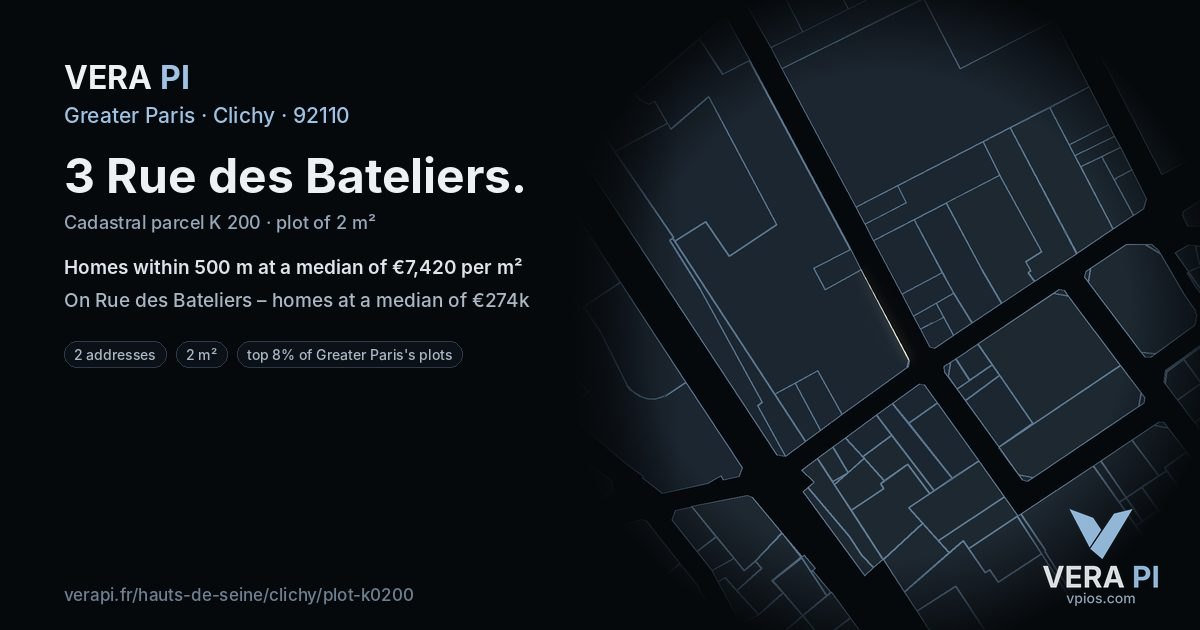 3 Rue des Bateliers, Clichy at night – the plot lit, the parcels around coloured by the prices near them