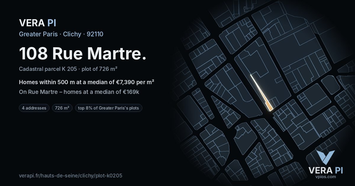 108 Rue Martre, Clichy at night – the plot lit, the parcels around coloured by the prices near them