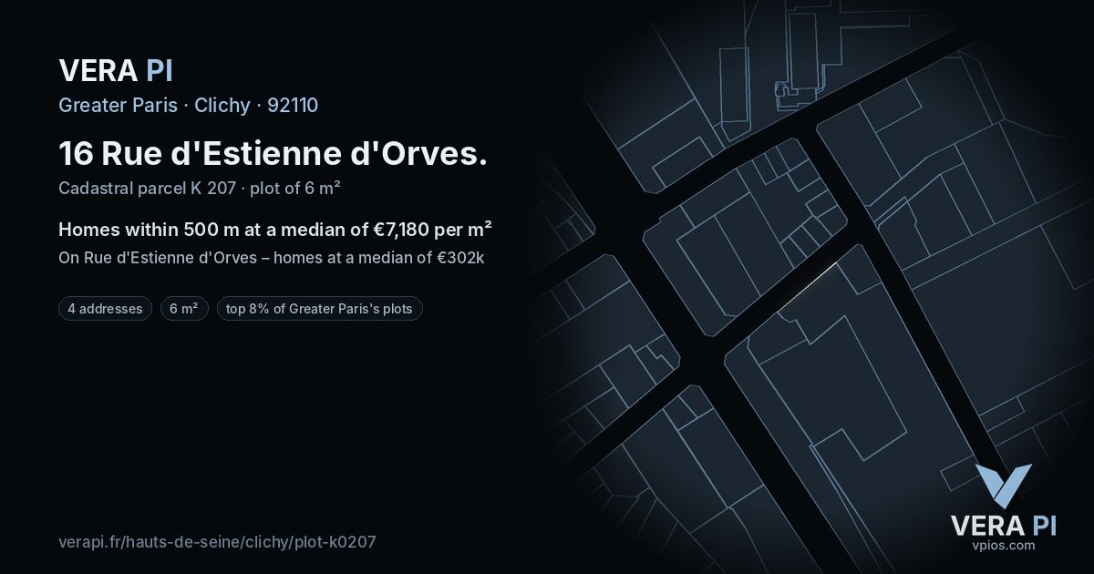 16 Rue d'Estienne d'Orves, Clichy at night – the plot lit, the parcels around coloured by the prices near them