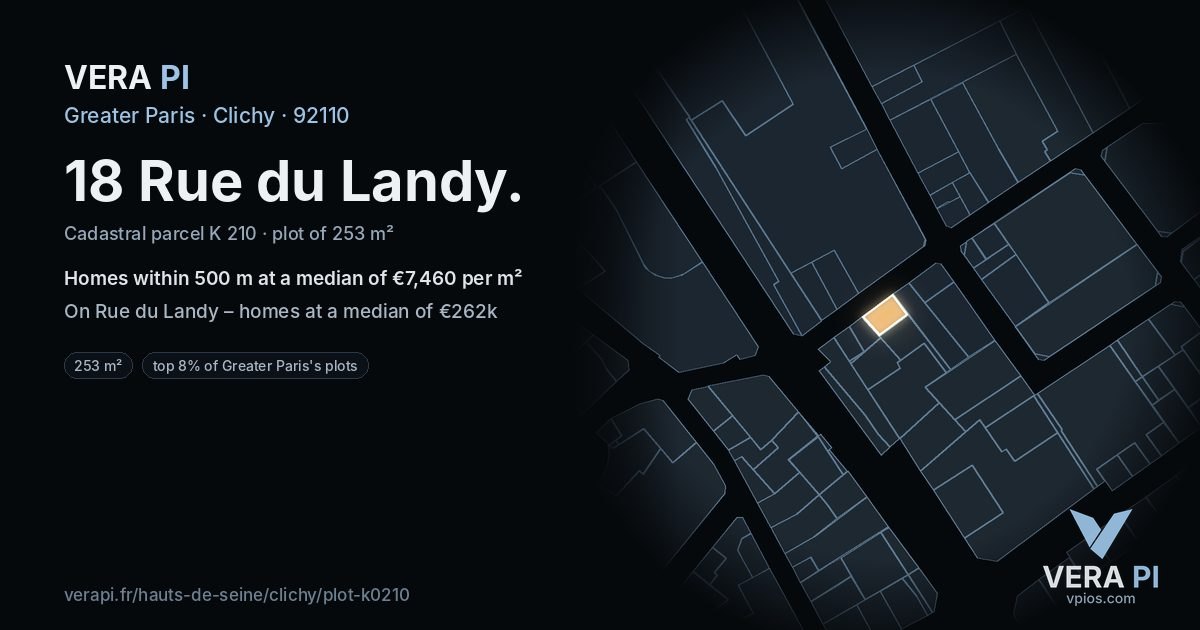 18 Rue du Landy, Clichy at night – the plot lit, the parcels around coloured by the prices near them