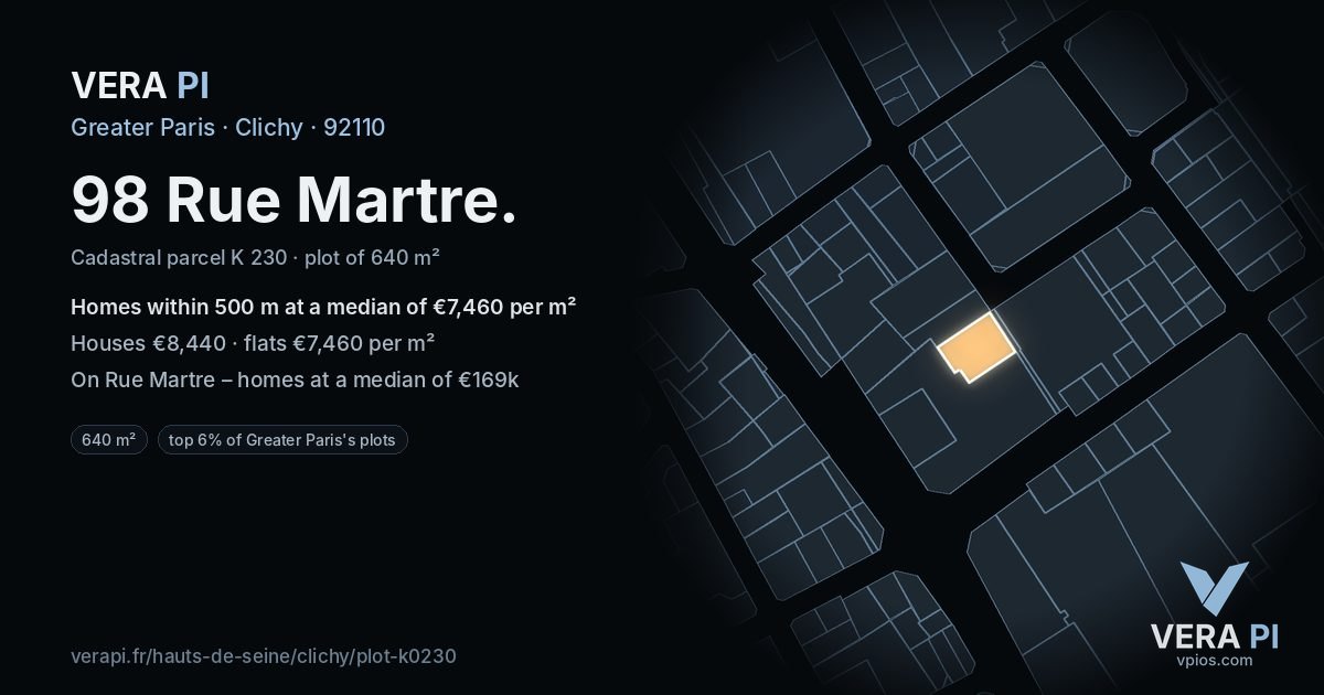 98 Rue Martre, Clichy at night – the plot lit, the parcels around coloured by the prices near them
