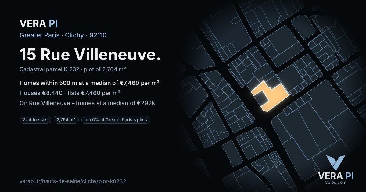 15 Rue Villeneuve, Clichy at night – the plot lit, the parcels around coloured by the prices near them