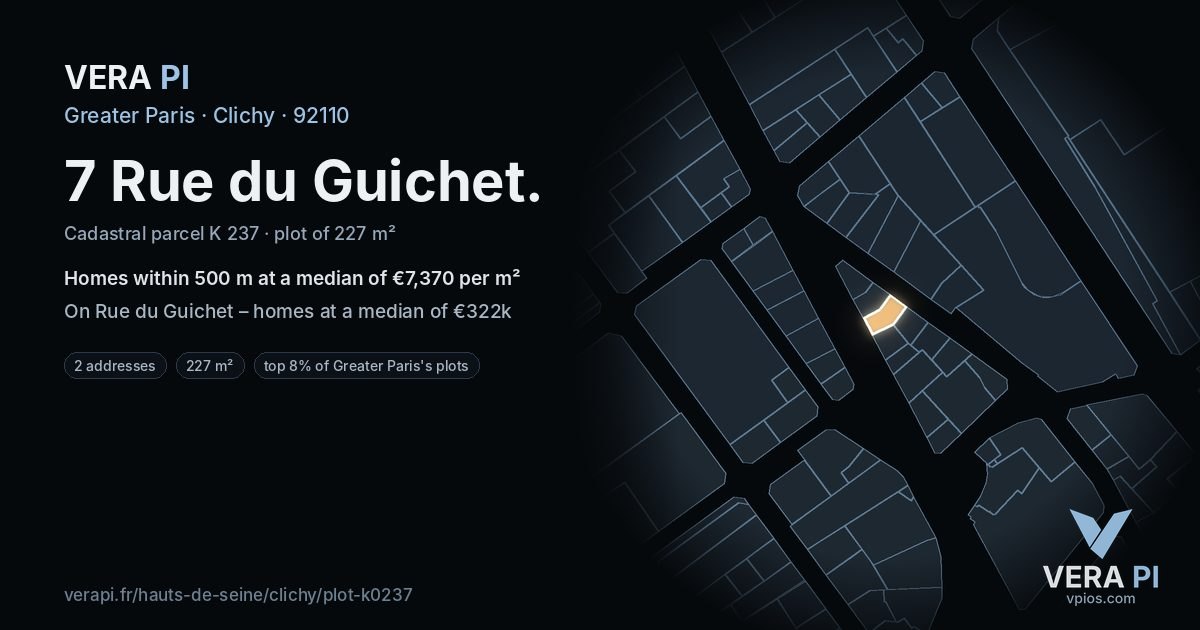 7 Rue du Guichet, Clichy at night – the plot lit, the parcels around coloured by the prices near them