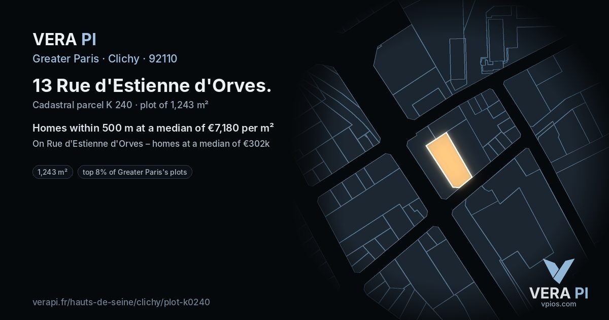 13 Rue d'Estienne d'Orves, Clichy at night – the plot lit, the parcels around coloured by the prices near them