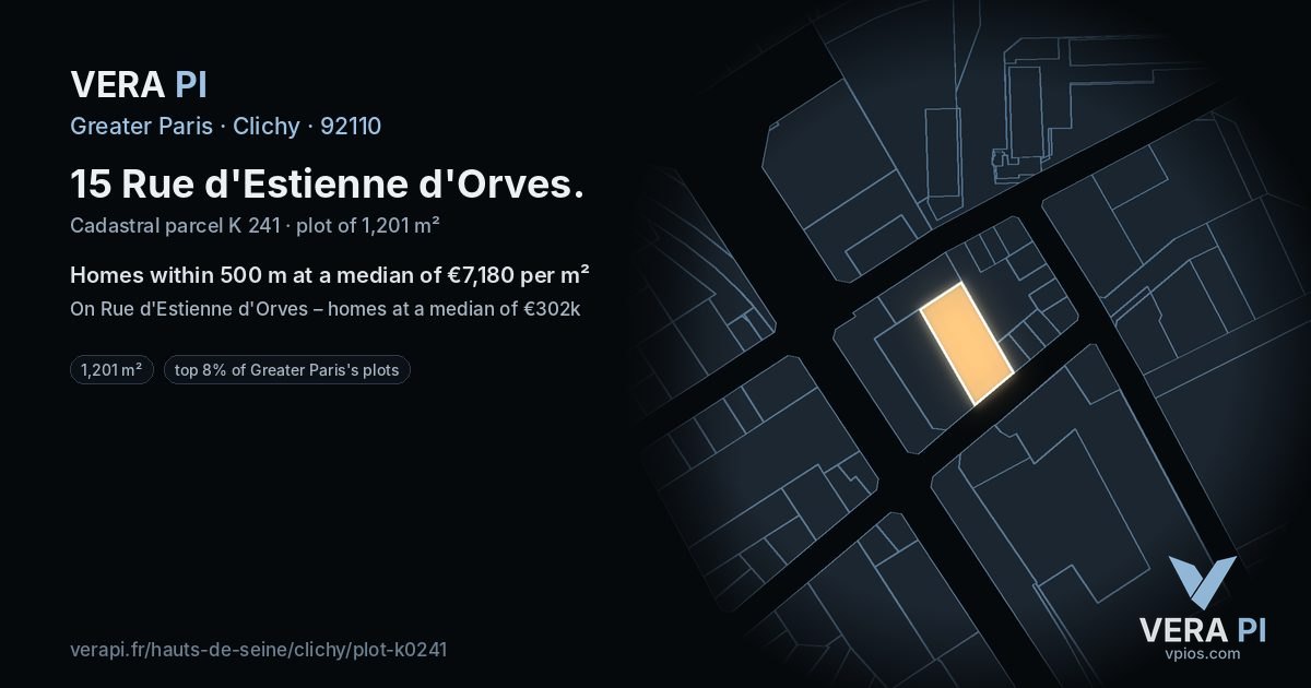 15 Rue d'Estienne d'Orves, Clichy at night – the plot lit, the parcels around coloured by the prices near them