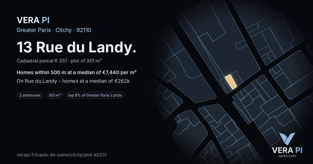 13 Rue du Landy, Clichy at night – the plot lit, the parcels around coloured by the prices near them